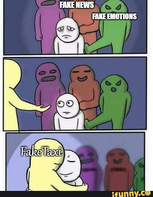 Một chiếc xe bus dán logo fake taxi meme