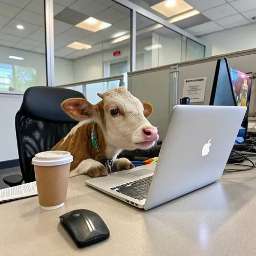 Bò ngồi làm việc trước Macbook